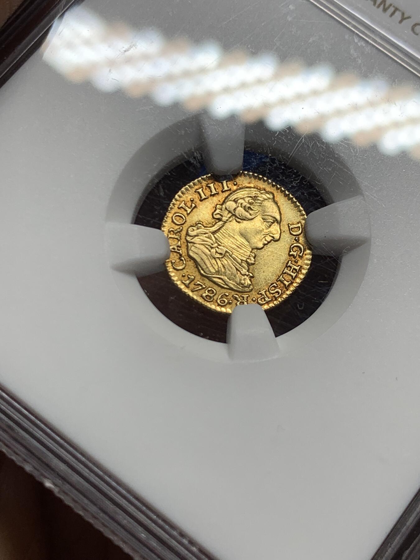 《竞宝斋》第457场 周日，周一，周二   3场连拍 （全场包邮）欢迎送拍 NGC AU55 西班牙1786年卡洛斯三世1/2埃斯库多金币 875金 1.69克 15mm 深打好品底板带光