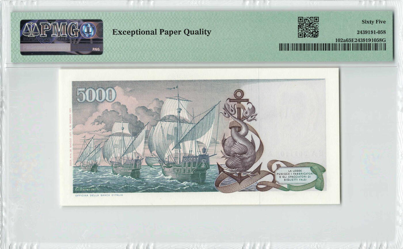 小福收藏拍卖第200期 【庆典场 中拍就有好礼相赠】评级币精选场 本期有捷克斯洛伐克20年100克朗慕夏作品大珍 69分倒置百位号布隆迪世界最大纸币  35年版加拿大经典 苏格兰格拉斯哥大学500年纪念钞倒置小号 卡塔尔80年100里亚尔冠军分 美国教育券 意大利拉斐尔 乌克兰 库克群岛 墨西哥 南斯拉夫 亚美尼亚等多国精美高分珍稀老钞精品纸币 意大利 1971年 5000里拉 首年份 哥伦布和他第一次远洋的船队 靓号3611110 PMG65 EPQ