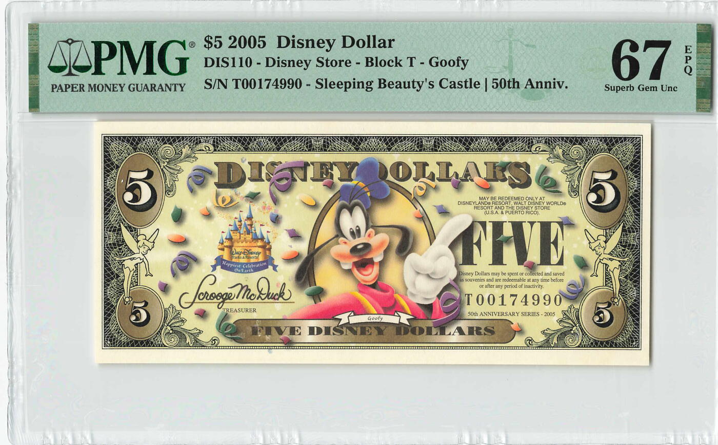 小福收藏拍卖第198期 评级币精选场  本期有菲律宾百位靓号100000比索超大纪念钞 苏里南25000盾花鸟版最高值 柬埔寨珍品56年50瑞尔 南越未发行版最高值打飞机  巴哈马彩背 老挝中国代印57年样钞 匈牙利 斯洛伐克 法罗群岛等多国精美高分珍稀老钞精品纸币 美国 迪斯尼 2005年 5元 A冠 PMG67 EPQ 亚军分（冠军分仅1枚）