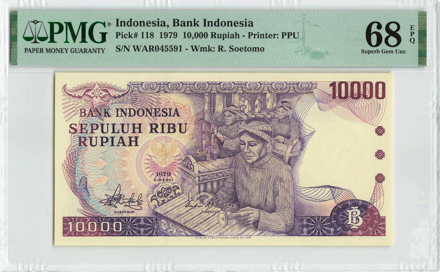 小福收藏拍卖第200期 【庆典场 中拍就有好礼相赠】评级币精选场 本期有捷克斯洛伐克20年100克朗慕夏作品大珍 69分倒置百位号布隆迪世界最大纸币  35年版加拿大经典 苏格兰格拉斯哥大学500年纪念钞倒置小号 卡塔尔80年100里亚尔冠军分 美国教育券 意大利拉斐尔 乌克兰 库克群岛 墨西哥 南斯拉夫 亚美尼亚等多国精美高分珍稀老钞精品纸币 印度尼西亚 1979年 10000卢比 PMG68 EPQ 冠军分！！！