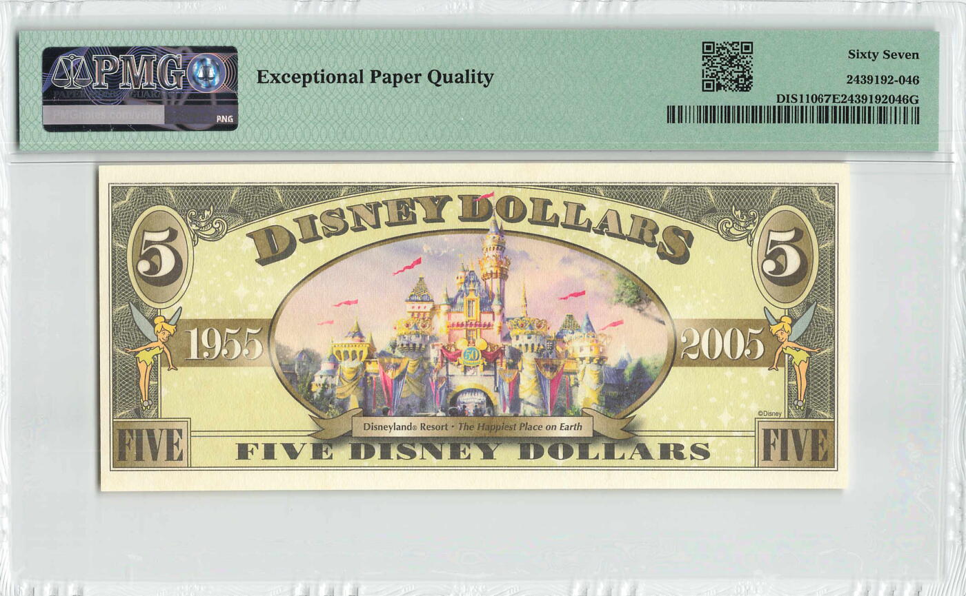 小福收藏拍卖第198期 评级币精选场  本期有菲律宾百位靓号100000比索超大纪念钞 苏里南25000盾花鸟版最高值 柬埔寨珍品56年50瑞尔 南越未发行版最高值打飞机  巴哈马彩背 老挝中国代印57年样钞 匈牙利 斯洛伐克 法罗群岛等多国精美高分珍稀老钞精品纸币 美国 迪斯尼 2005年 5元 A冠 PMG67 EPQ 亚军分（冠军分仅1枚）