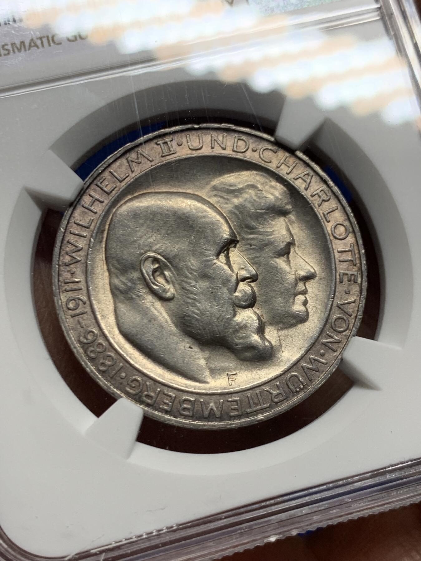 《竞宝斋》第457场 周日，周一，周二   3场连拍 （全场包邮）欢迎送拍 NGC MS63 德国1911年符腾堡金婚3马克银币