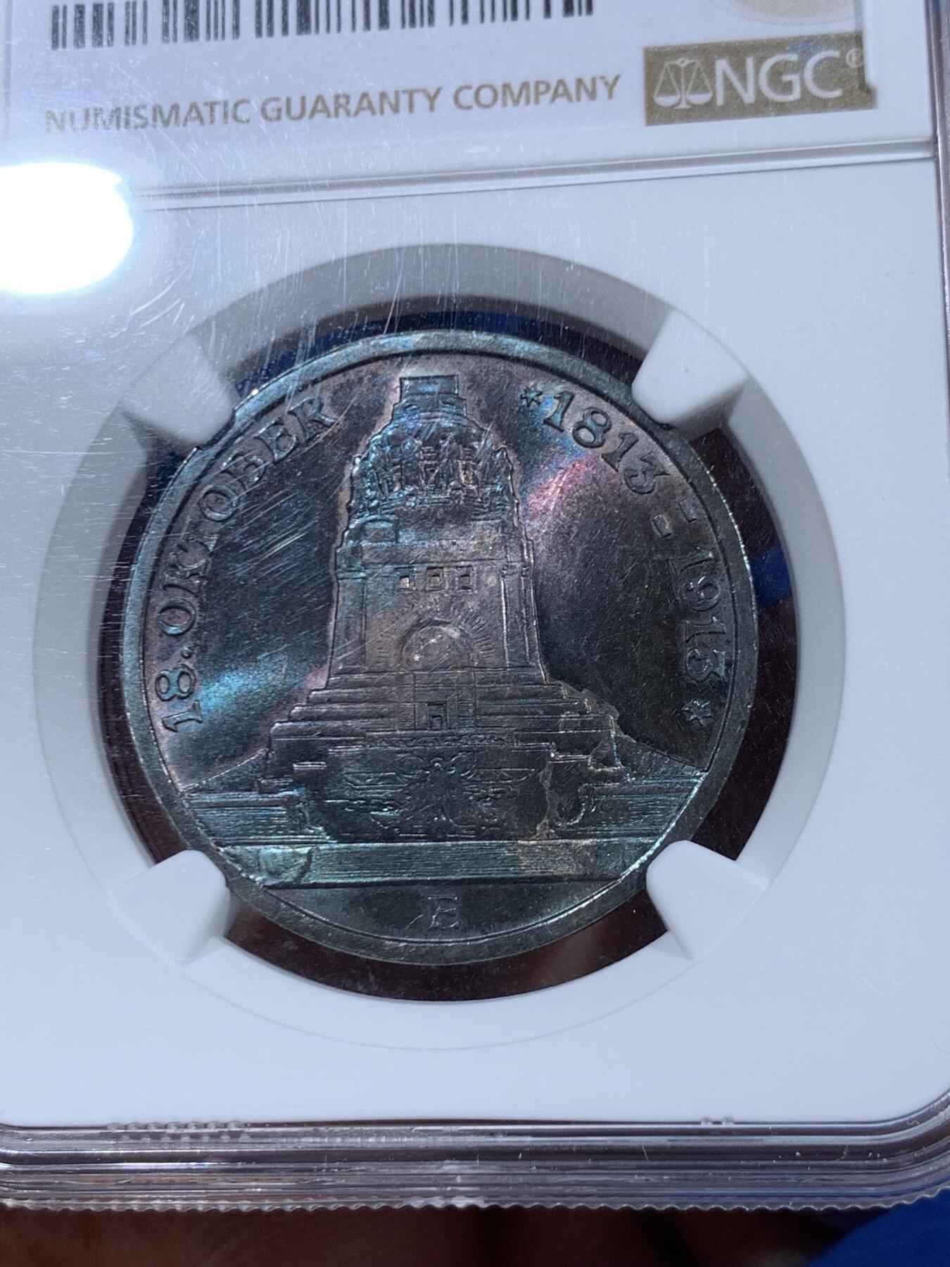 《竞宝斋》第457场 周日，周一，周二   3场连拍 （全场包邮）欢迎送拍 NGC MS63 德国1913年萨克森-莱比锡战役百年纪念3马克银币 幻彩