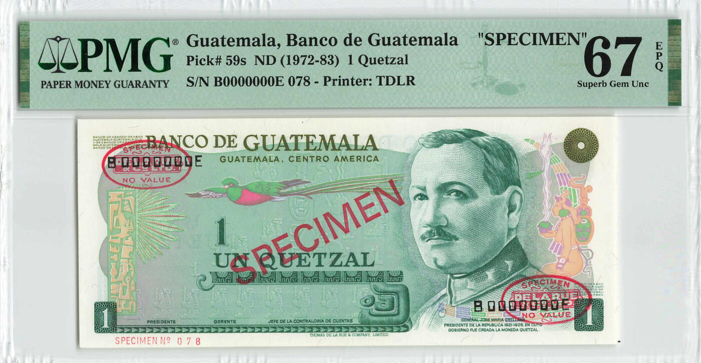 小福收藏拍卖第200期 【庆典场 中拍就有好礼相赠】评级币精选场 本期有捷克斯洛伐克20年100克朗慕夏作品大珍 69分倒置百位号布隆迪世界最大纸币  35年版加拿大经典 苏格兰格拉斯哥大学500年纪念钞倒置小号 卡塔尔80年100里亚尔冠军分 美国教育券 意大利拉斐尔 乌克兰 库克群岛 墨西哥 南斯拉夫 亚美尼亚等多国精美高分珍稀老钞精品纸币 危地马拉 1972-83年 1格查尔 样钞 078号 PMG67 EPQ 冠军分！！！