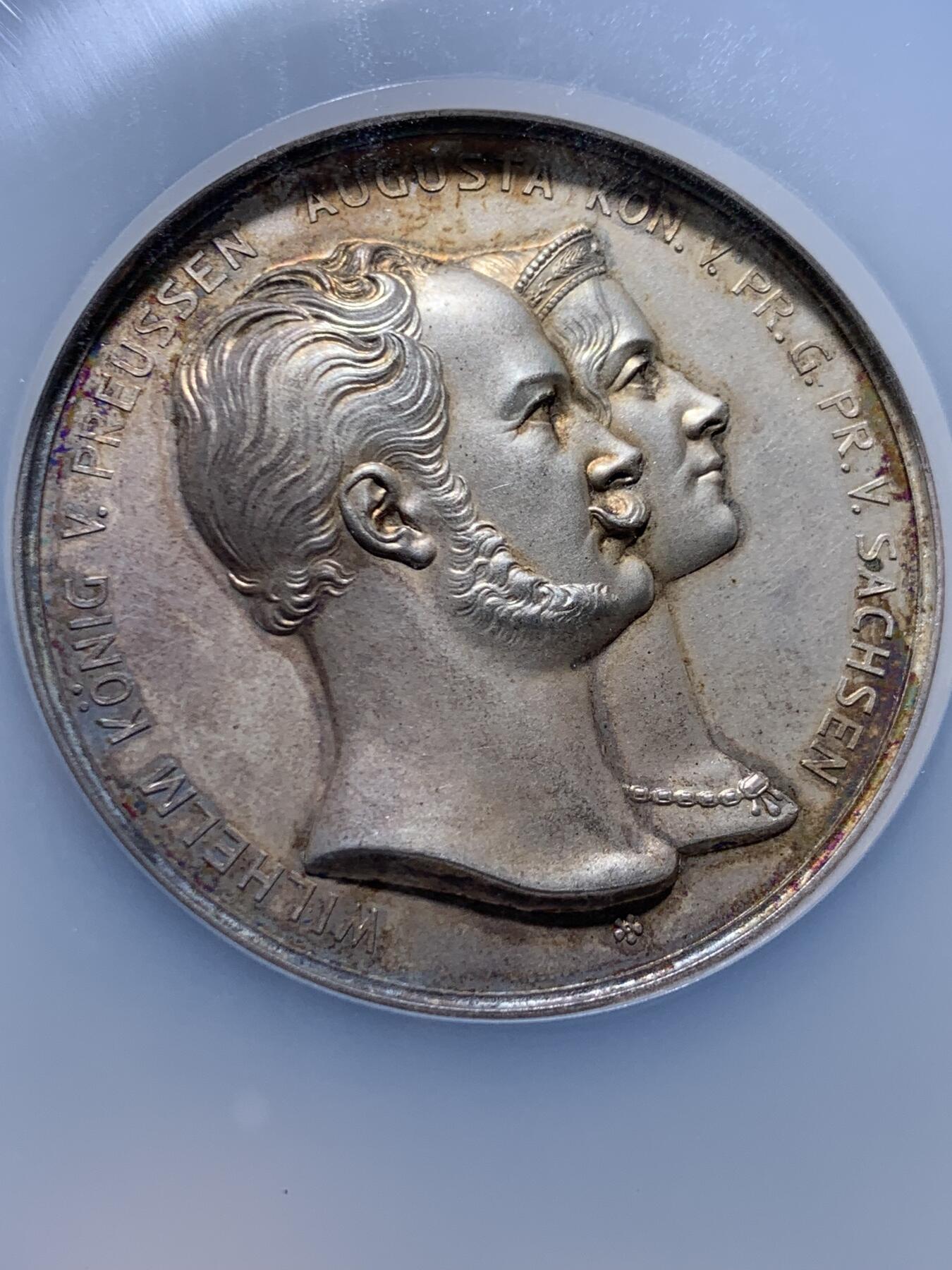 《竞宝斋》第457场 周日，周一，周二   3场连拍 （全场包邮）欢迎送拍 NGC MS63 德国1927年普鲁士威廉一世结婚纪念大银章 51mm 包浆纯美 品相状态一流 NGC加厚大盒装