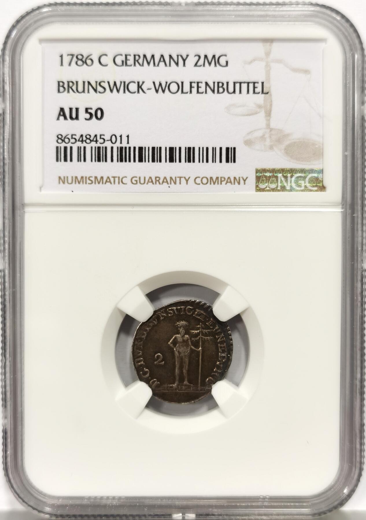 博洋堂世界钱币拍卖第157期（全场包邮） NGC AU50 德国不伦瑞克-沃尔芬堡1786年野人2MG银币