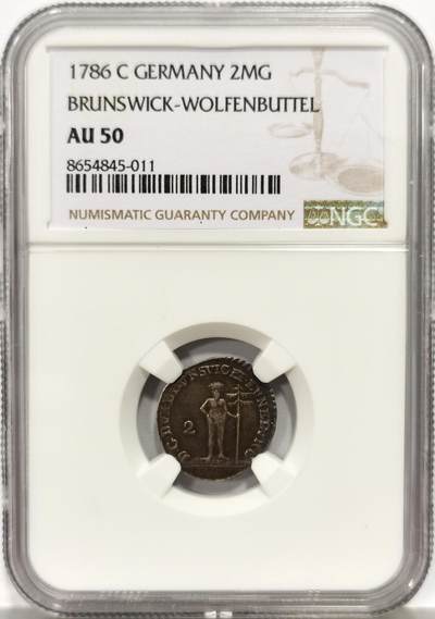 博洋堂世界钱币拍卖第157期（全场包邮） - NGC AU50 德国不伦瑞克-沃尔芬堡1786年野人2MG银币
