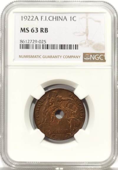 博洋堂世界钱币拍卖第157期（全场包邮） - NGC MS63RB 法属印支1922年中孔百分之一铜币