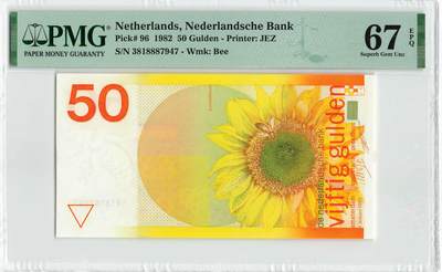 小福收藏拍卖第198期 评级币精选场  本期有菲律宾百位靓号100000比索超大纪念钞 苏里南25000盾花鸟版最高值 柬埔寨珍品56年50瑞尔 南越未发行版最高值打飞机  巴哈马彩背 老挝中国代印57年样钞 匈牙利 斯洛伐克 法罗群岛等多国精美高分珍稀老钞精品纸币 - 荷兰 1982年 50盾 向日葵 PMG67 EPQ