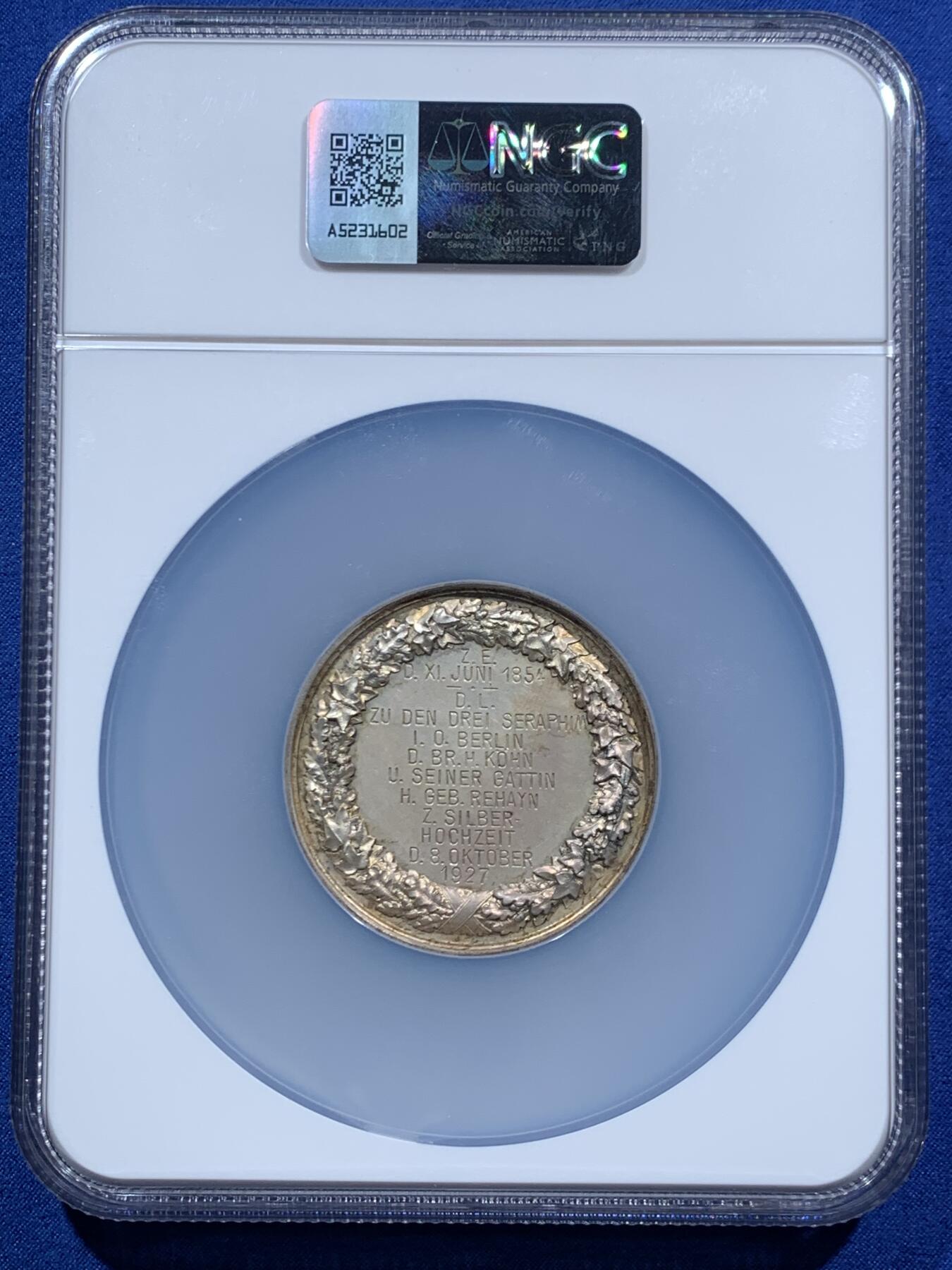 《竞宝斋》第457场 周日，周一，周二   3场连拍 （全场包邮）欢迎送拍 NGC MS63 德国1927年普鲁士威廉一世结婚纪念大银章 51mm 包浆纯美 品相状态一流 NGC加厚大盒装