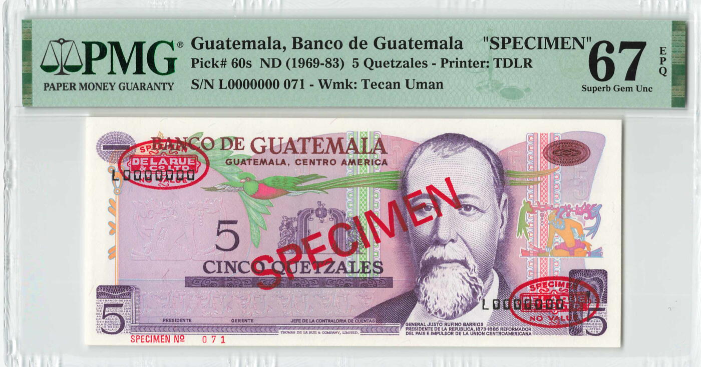 小福收藏拍卖第198期 评级币精选场  本期有菲律宾百位靓号100000比索超大纪念钞 苏里南25000盾花鸟版最高值 柬埔寨珍品56年50瑞尔 南越未发行版最高值打飞机  巴哈马彩背 老挝中国代印57年样钞 匈牙利 斯洛伐克 法罗群岛等多国精美高分珍稀老钞精品纸币 危地马拉 1969-83年 5格查尔 样钞 071号 PMG67 EPQ 冠军分！！！