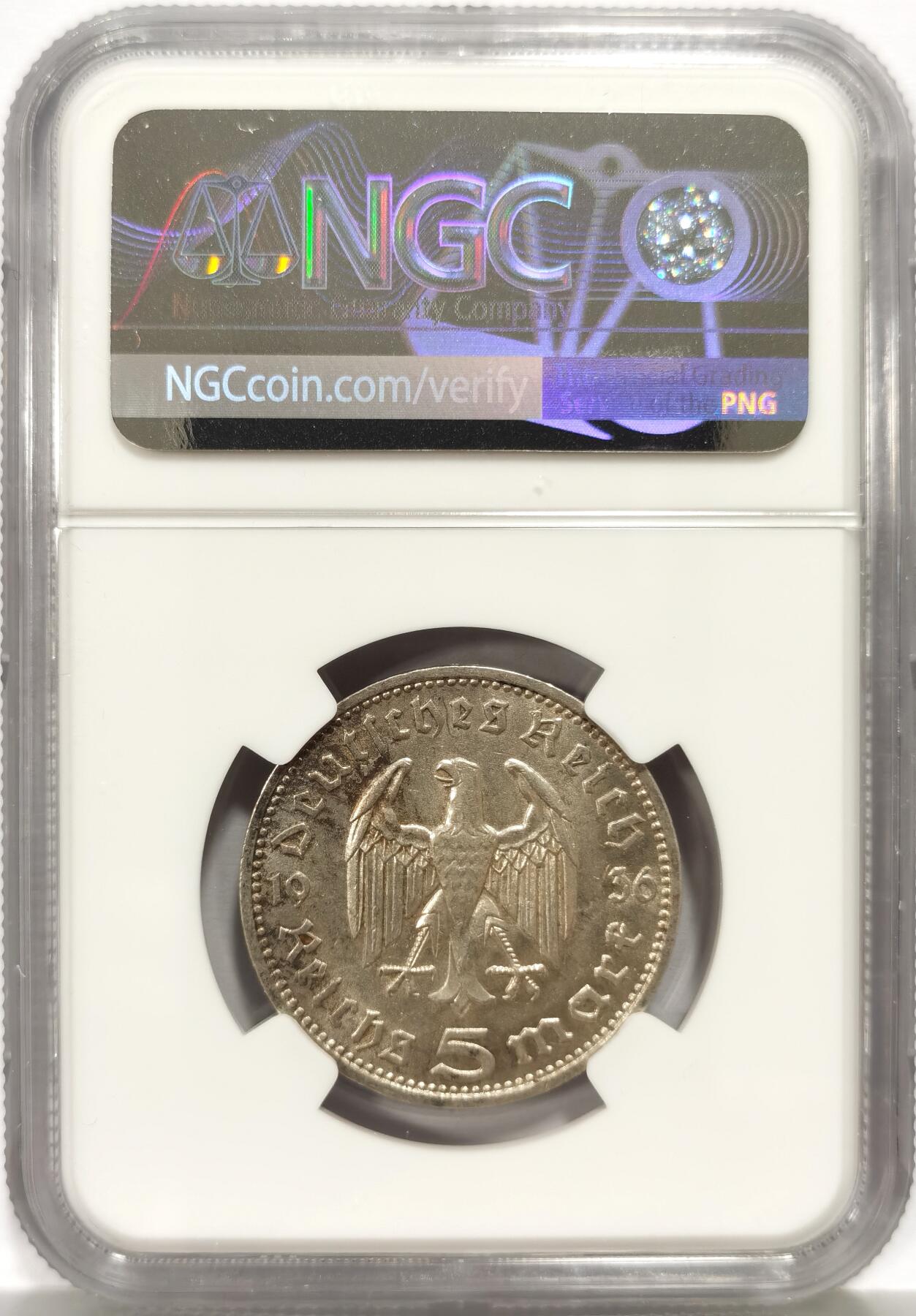 博洋堂世界钱币拍卖第157期（全场包邮） NGC MS63 德国第三帝国1936年D版兴登堡5马克银币