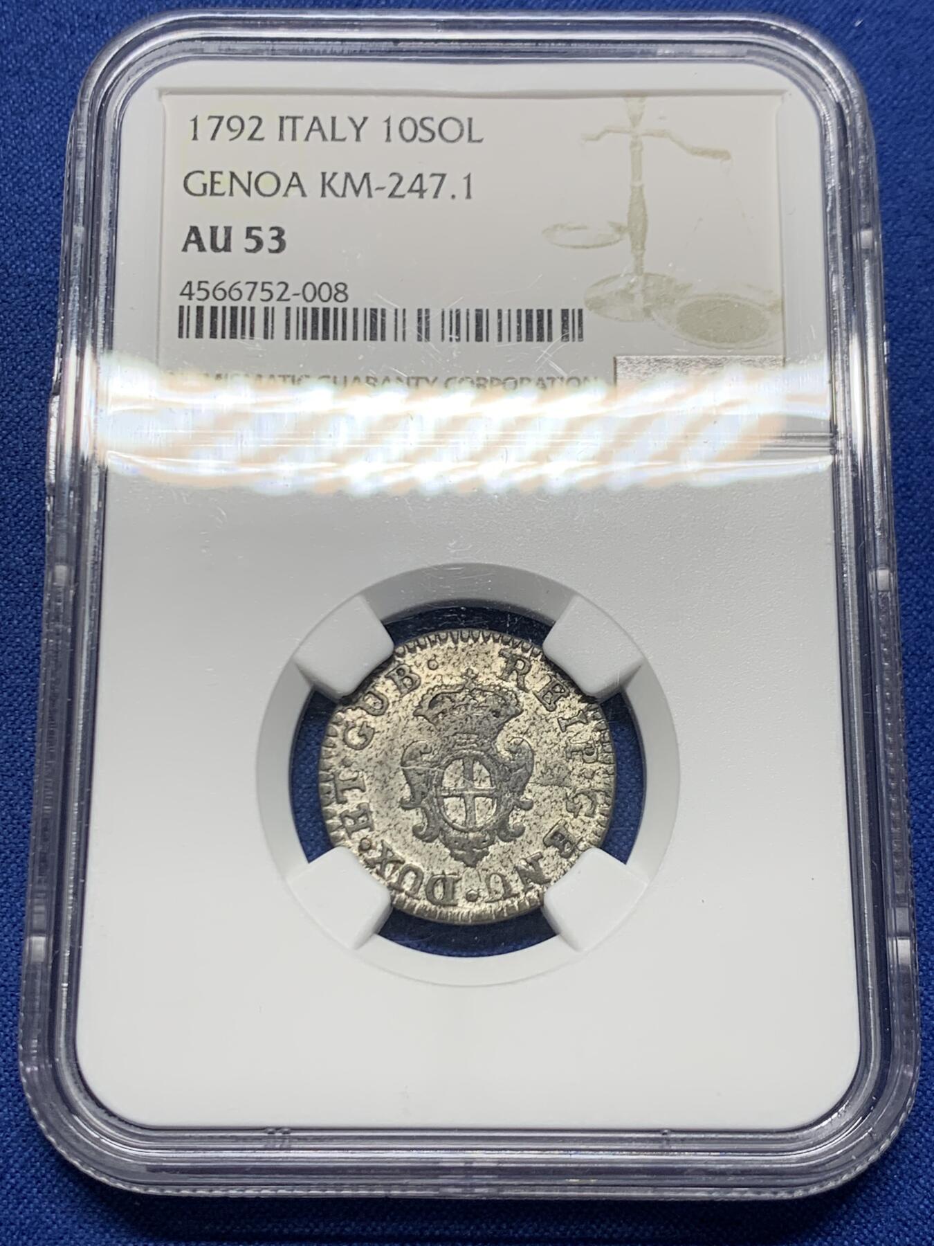 《竞宝斋》第457场 周日，周一，周二   3场连拍 （全场包邮）欢迎送拍 NGC AU53 意大利1792年10SOL银币 不多见的品种