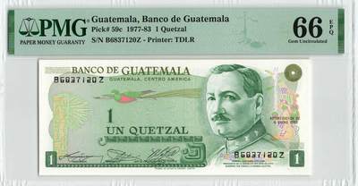 小福收藏拍卖第200期 【庆典场 中拍就有好礼相赠】评级币精选场 本期有捷克斯洛伐克20年100克朗慕夏作品大珍 69分倒置百位号布隆迪世界最大纸币  35年版加拿大经典 苏格兰格拉斯哥大学500年纪念钞倒置小号 卡塔尔80年100里亚尔冠军分 美国教育券 意大利拉斐尔 乌克兰 库克群岛 墨西哥 南斯拉夫 亚美尼亚等多国精美高分珍稀老钞精品纸币 - 危地马拉 1982年 1格查尔 少见早期版本 乱蛇号 PMG66 EPQ 季军分