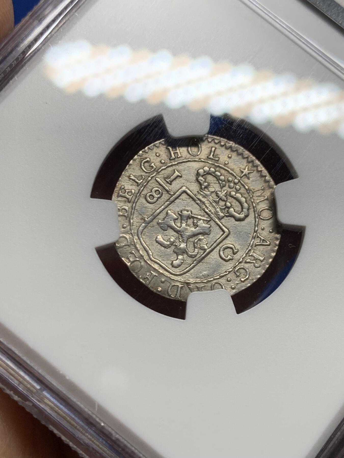 《竞宝斋》第457场 周日，周一，周二   3场连拍 （全场包邮）欢迎送拍 NGC AU 荷属东印度群岛1802年巴达维亚共和国（1800-1806）1/8古尔登 银币