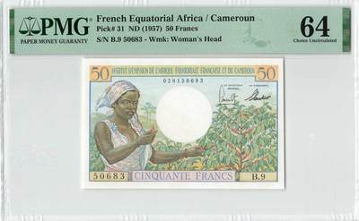 小福收藏拍卖第198期 评级币精选场  本期有菲律宾百位靓号100000比索超大纪念钞 苏里南25000盾花鸟版最高值 柬埔寨珍品56年50瑞尔 南越未发行版最高值打飞机  巴哈马彩背 老挝中国代印57年样钞 匈牙利 斯洛伐克 法罗群岛等多国精美高分珍稀老钞精品纸币 - 法属赤道非洲 喀麦隆 1957年 50法郎 经典运木头 无47 PMG64