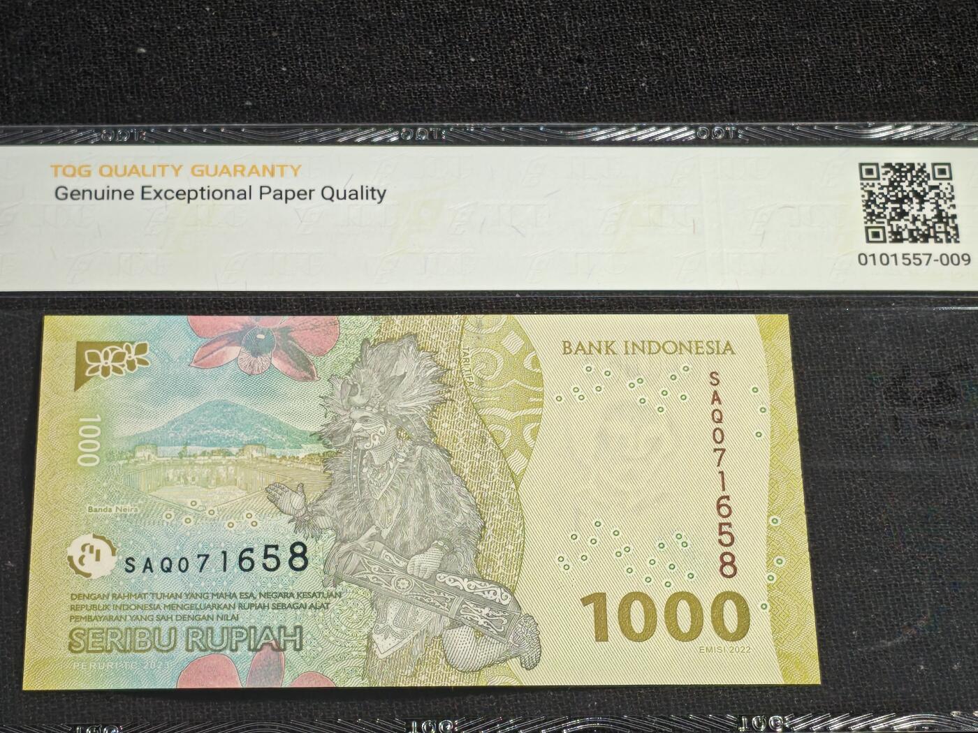 刘世昌艺术品销售中心～虎踞龙蟠*金杨在线联拍群第515期 印度尼西亚2022年1000卢比（TQG 68GE 号码：SAQ071658）1枚。