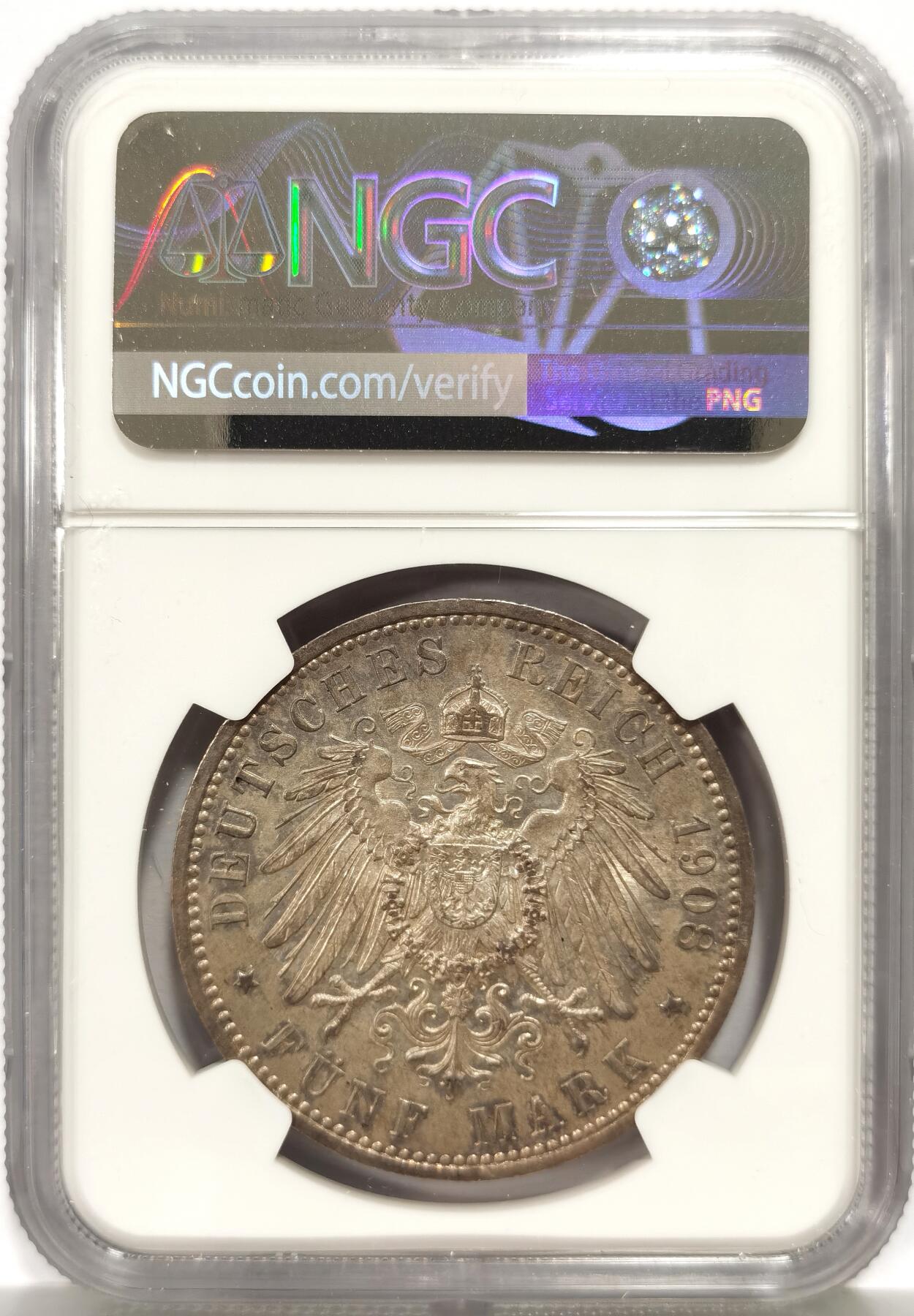 博洋堂世界钱币拍卖第157期（全场包邮） NGC AU58 德国普鲁士1908年威廉二世流通5马克银币