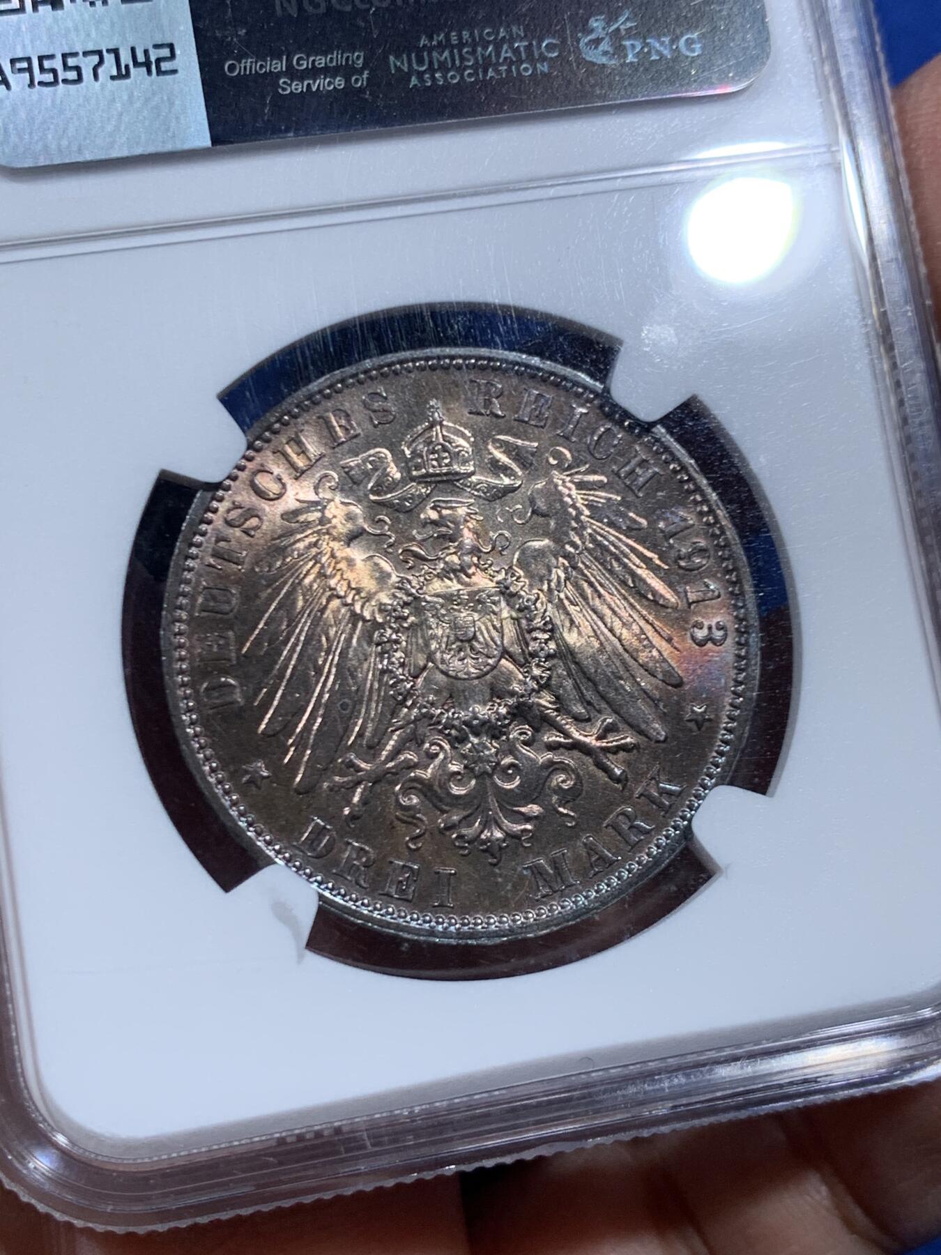 《竞宝斋》第457场 周日，周一，周二   3场连拍 （全场包邮）欢迎送拍 NGC MS63 德国1913年萨克森-莱比锡战役百年纪念3马克银币 幻彩