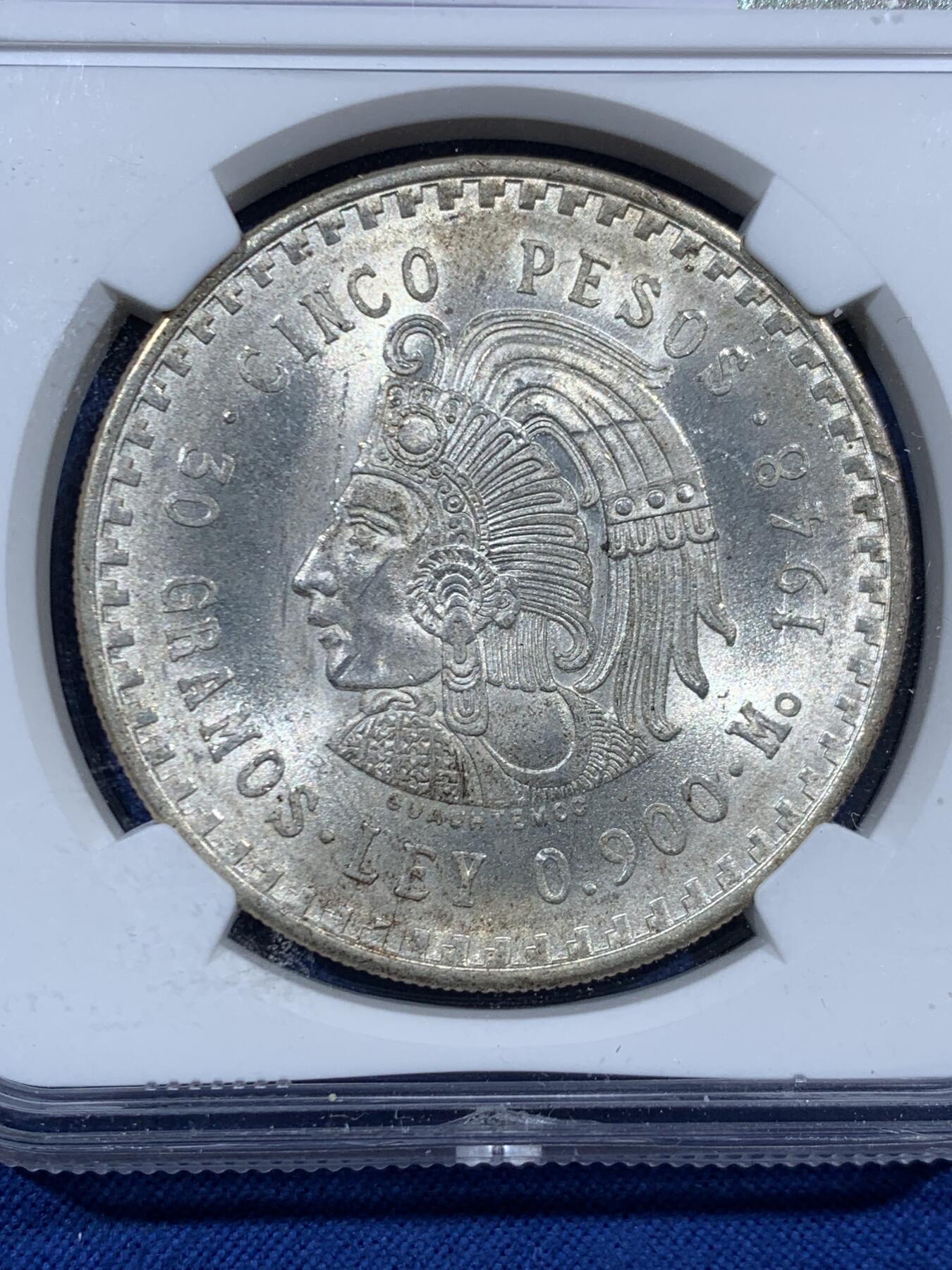 《竞宝斋》第457场 周日，周一，周二   3场连拍 （全场包邮）欢迎送拍 NGC MS63 墨西哥1948年5比索酋长大银币