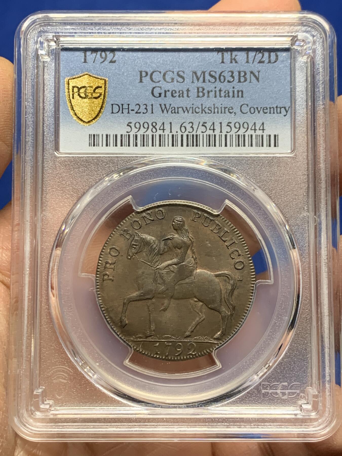 《竞宝斋》第457场 周日，周一，周二   3场连拍 （全场包邮）欢迎送拍 PCGS MS63BN 英国1792 考文垂1/2 便士（象版） ，Token名誉品