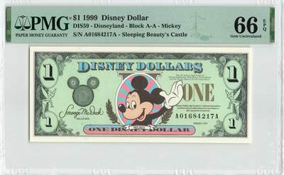 小福收藏拍卖第200期 【庆典场 中拍就有好礼相赠】评级币精选场 本期有捷克斯洛伐克20年100克朗慕夏作品大珍 69分倒置百位号布隆迪世界最大纸币  35年版加拿大经典 苏格兰格拉斯哥大学500年纪念钞倒置小号 卡塔尔80年100里亚尔冠军分 美国教育券 意大利拉斐尔 乌克兰 库克群岛 墨西哥 南斯拉夫 亚美尼亚等多国精美高分珍稀老钞精品纸币 - 美国 迪斯尼 1999年 1元 A- A PMG66 EPQ  季军分