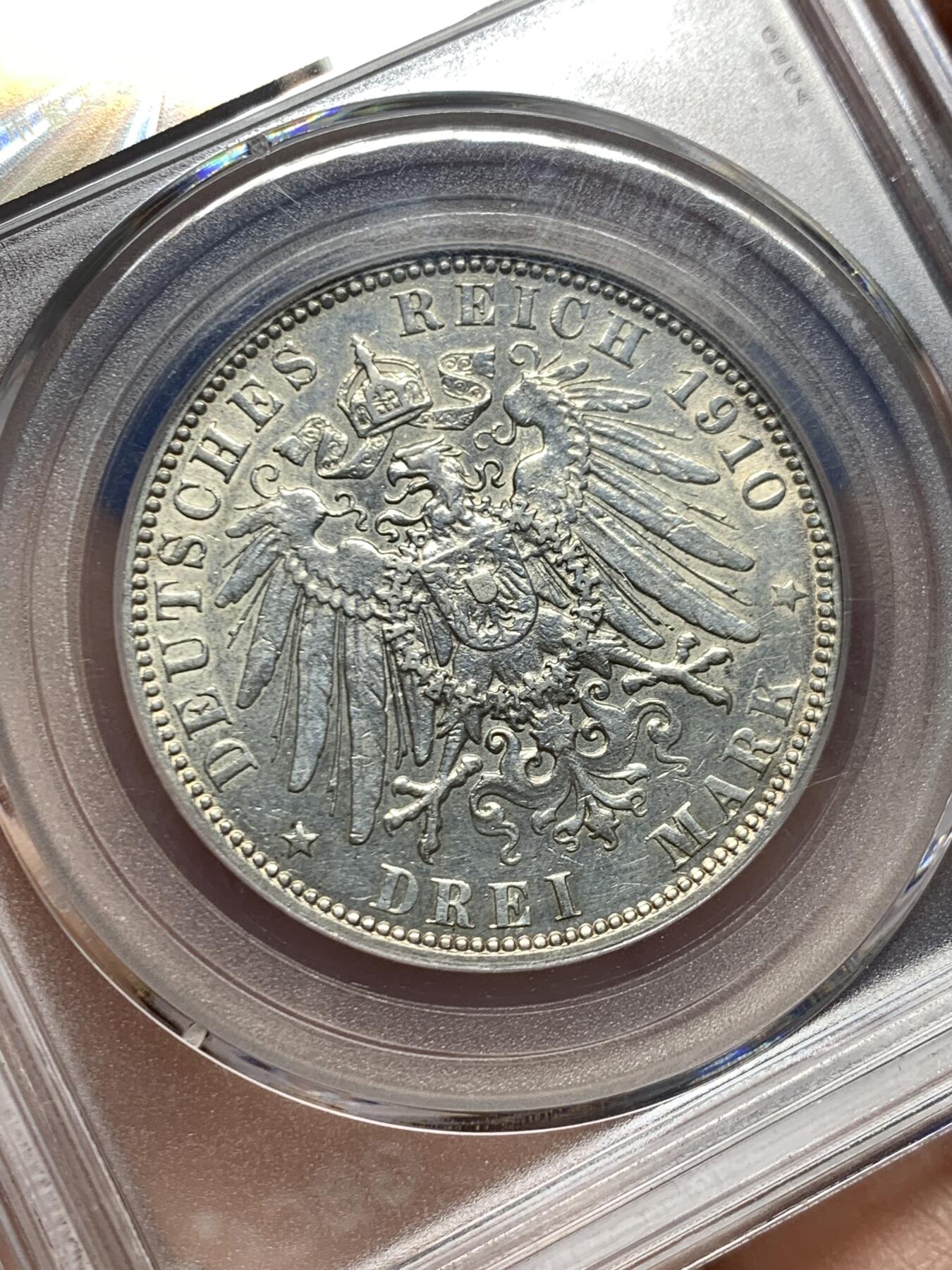 《竞宝斋》第457场 周日，周一，周二   3场连拍 （全场包邮）欢迎送拍 公博 AU58 德国 1910年 汉堡自由市 3马克 银币