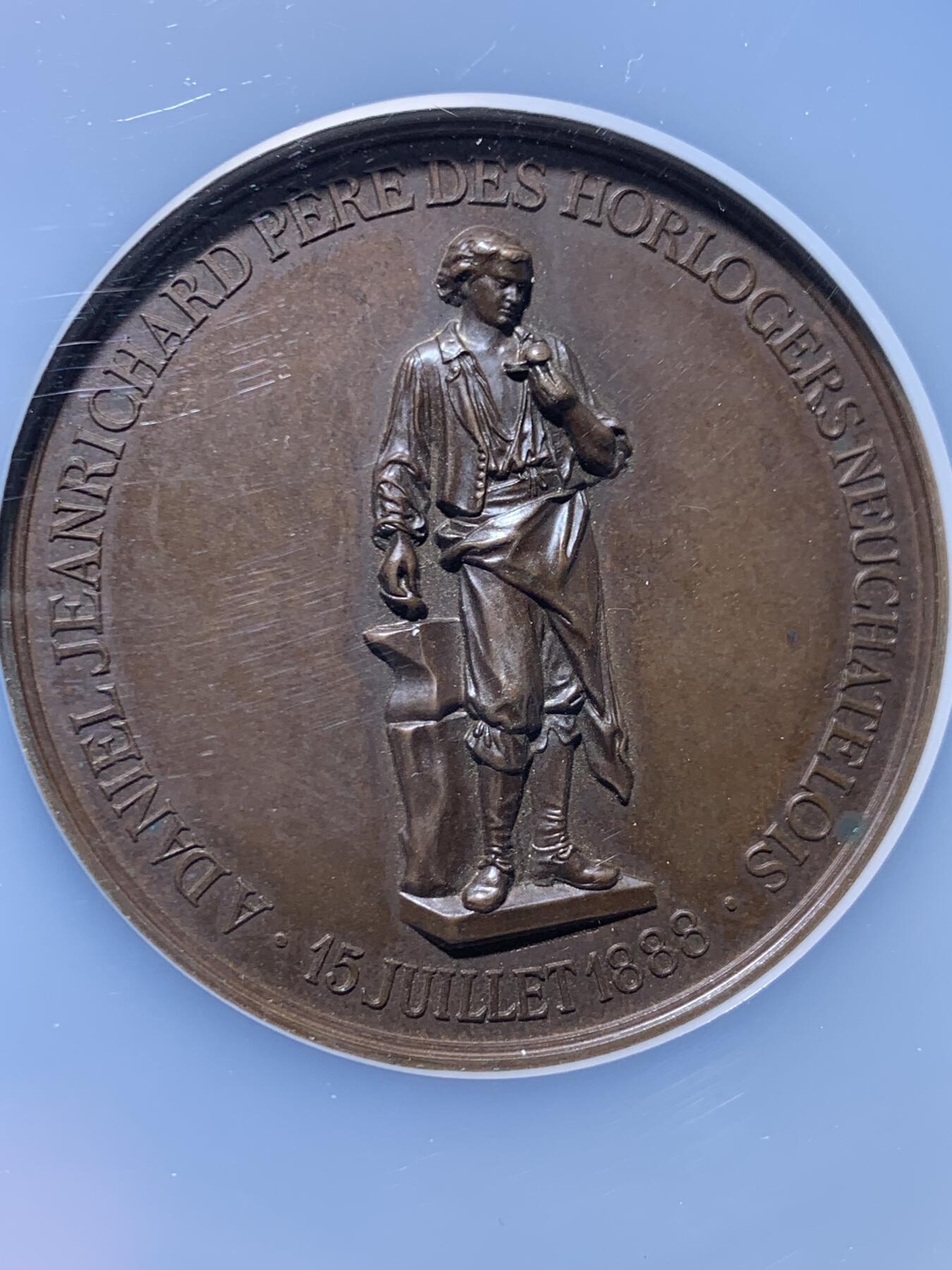 《竞宝斋》第457场 周日，周一，周二   3场连拍 （全场包邮）欢迎送拍 NGC MS64BN 瑞士 1888年 丹尼尔·让理查德纪念碑 铜章 双面高浮雕 极少见品种 不可多得藏品