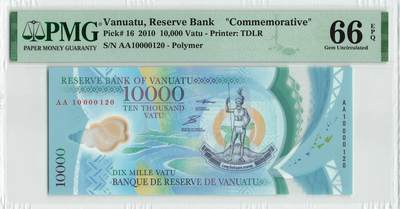 小福收藏拍卖第198期 评级币精选场  本期有菲律宾百位靓号100000比索超大纪念钞 苏里南25000盾花鸟版最高值 柬埔寨珍品56年50瑞尔 南越未发行版最高值打飞机  巴哈马彩背 老挝中国代印57年样钞 匈牙利 斯洛伐克 法罗群岛等多国精美高分珍稀老钞精品纸币 - 瓦努阿图 2010年 10000瓦图 塑料纪念钞 AA首冠 无47 数3 百位号 PMG66 EPQ