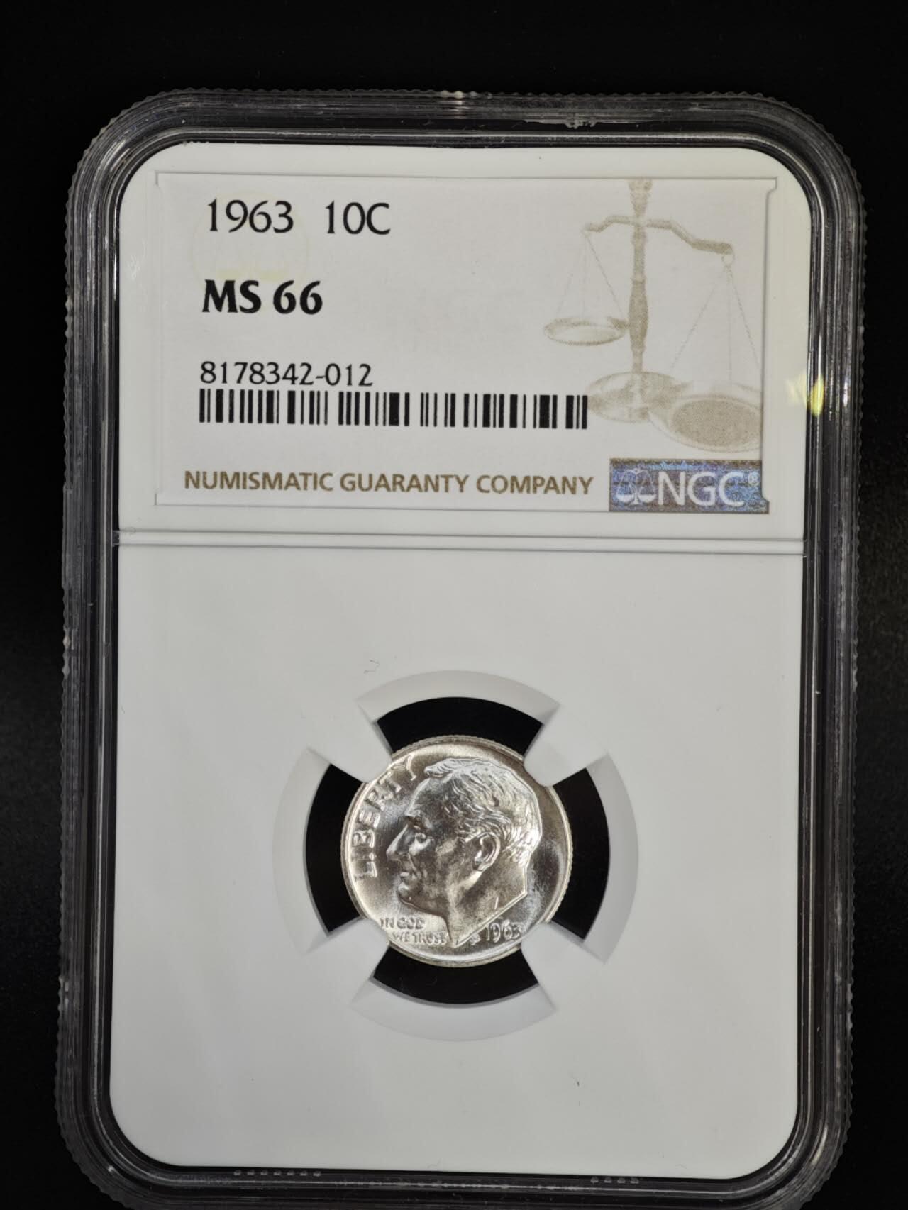 【淘币小摊】实时拍第八百四十七拍   银币套币场   满百包邮可预留二周 每周一统一发货   美国1963年罗斯福10分银币NGC MS66