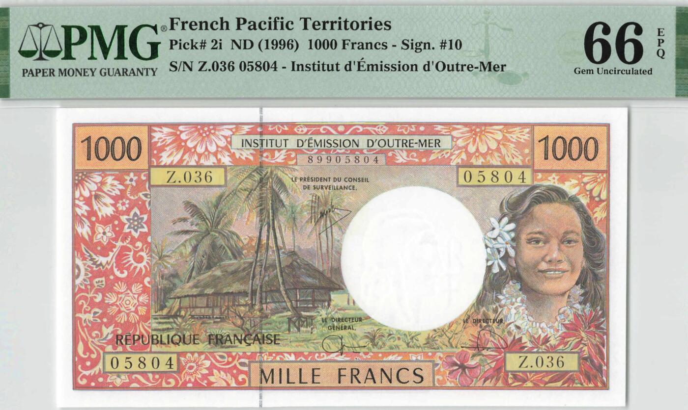 小福收藏拍卖第198期 评级币精选场  本期有菲律宾百位靓号100000比索超大纪念钞 苏里南25000盾花鸟版最高值 柬埔寨珍品56年50瑞尔 南越未发行版最高值打飞机  巴哈马彩背 老挝中国代印57年样钞 匈牙利 斯洛伐克 法罗群岛等多国精美高分珍稀老钞精品纸币 法属太平洋 1996年 1000法郎 PMG66 EPQ