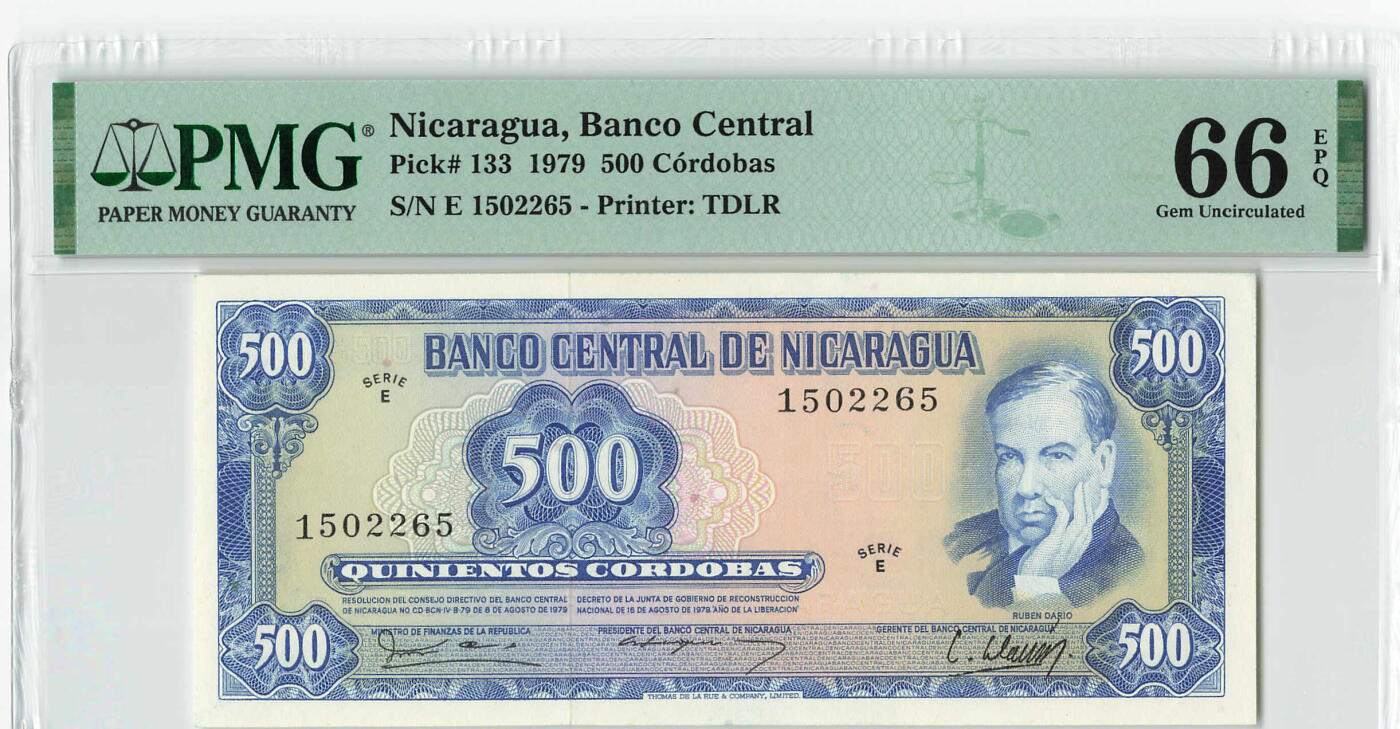 小福收藏拍卖第198期 评级币精选场  本期有菲律宾百位靓号100000比索超大纪念钞 苏里南25000盾花鸟版最高值 柬埔寨珍品56年50瑞尔 南越未发行版最高值打飞机  巴哈马彩背 老挝中国代印57年样钞 匈牙利 斯洛伐克 法罗群岛等多国精美高分珍稀老钞精品纸币 尼加拉瓜 1979年 500科多巴 E序列首发 无47 PMG66 EPQ 季军分