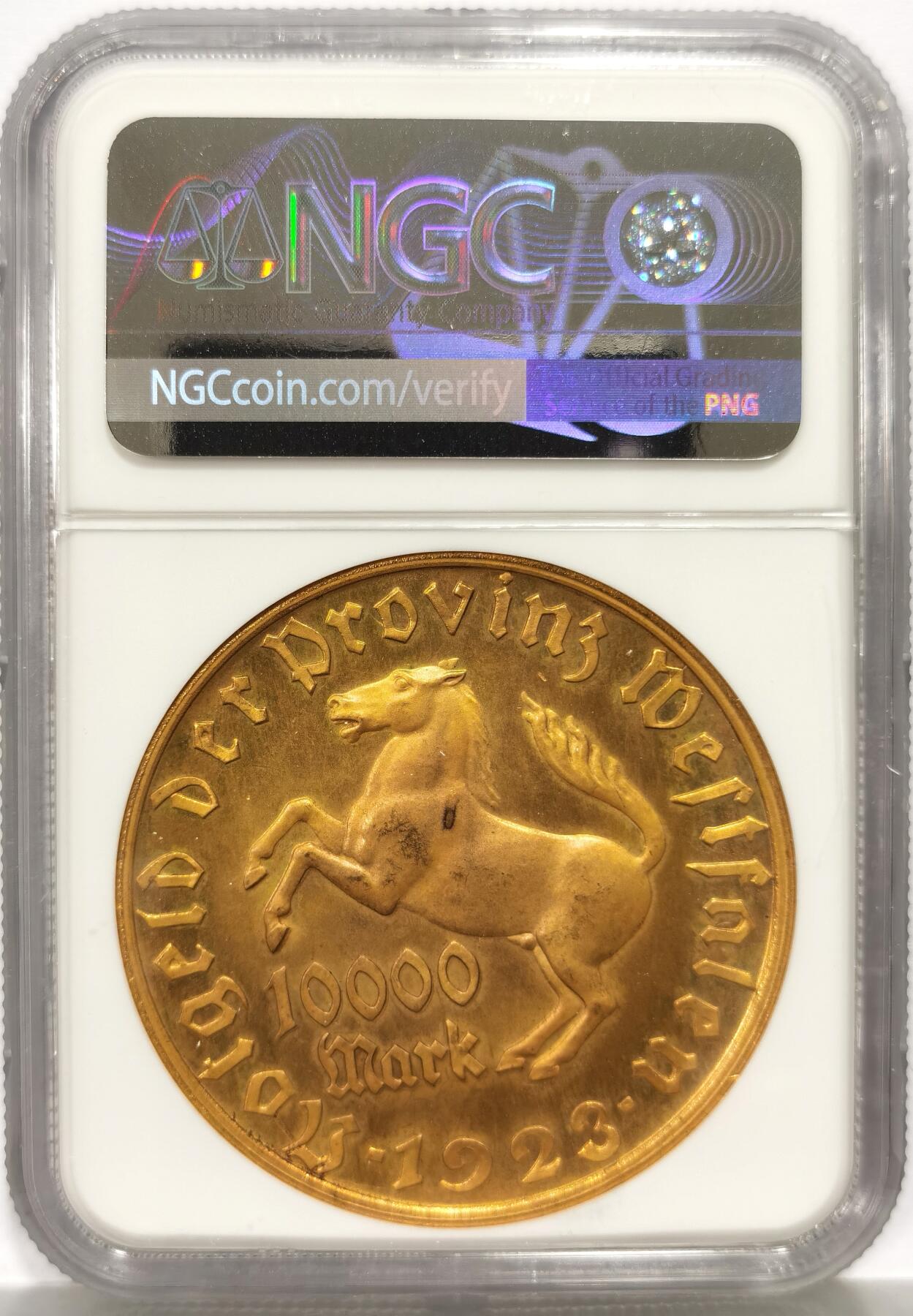 博洋堂世界钱币拍卖第157期（全场包邮） NGC MS64 德国德紧1923年威斯特法轮马币10000马克大铜币，宽边版
