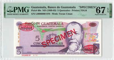 小福收藏拍卖第200期 【庆典场 中拍就有好礼相赠】评级币精选场 本期有捷克斯洛伐克20年100克朗慕夏作品大珍 69分倒置百位号布隆迪世界最大纸币  35年版加拿大经典 苏格兰格拉斯哥大学500年纪念钞倒置小号 卡塔尔80年100里亚尔冠军分 美国教育券 意大利拉斐尔 乌克兰 库克群岛 墨西哥 南斯拉夫 亚美尼亚等多国精美高分珍稀老钞精品纸币 - 危地马拉 1969-83年 5格查尔 样钞 070号 PMG67 EPQ 冠军分！！！