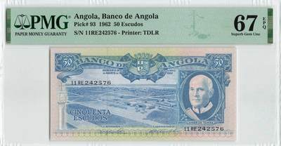 小福收藏拍卖第200期 【庆典场 中拍就有好礼相赠】评级币精选场 本期有捷克斯洛伐克20年100克朗慕夏作品大珍 69分倒置百位号布隆迪世界最大纸币  35年版加拿大经典 苏格兰格拉斯哥大学500年纪念钞倒置小号 卡塔尔80年100里亚尔冠军分 美国教育券 意大利拉斐尔 乌克兰 库克群岛 墨西哥 南斯拉夫 亚美尼亚等多国精美高分珍稀老钞精品纸币 - 安哥拉 1962年 50埃斯库多 PMG67 EPQ 冠军分！！！