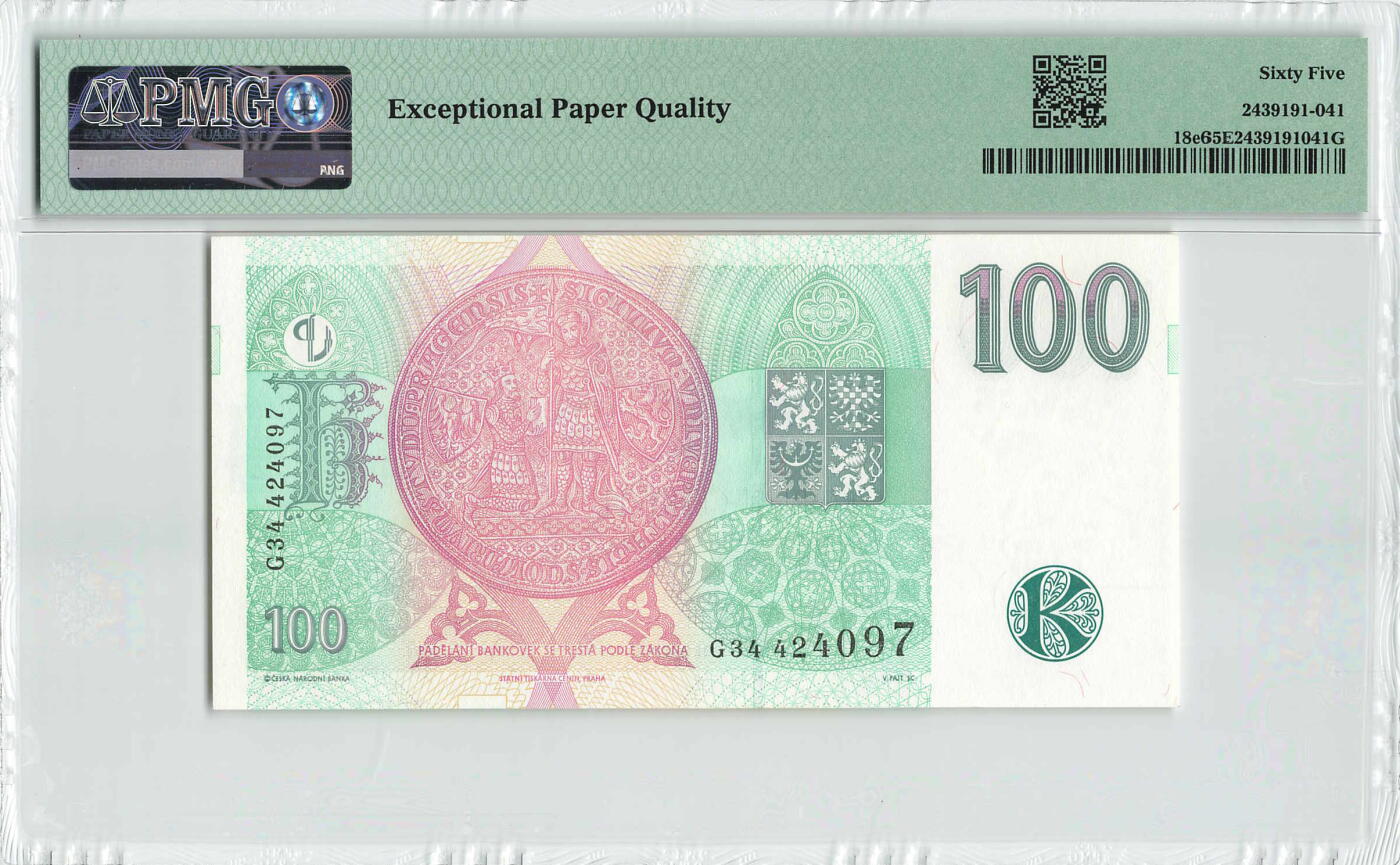 小福收藏拍卖第200期 【庆典场 中拍就有好礼相赠】评级币精选场 本期有捷克斯洛伐克20年100克朗慕夏作品大珍 69分倒置百位号布隆迪世界最大纸币  35年版加拿大经典 苏格兰格拉斯哥大学500年纪念钞倒置小号 卡塔尔80年100里亚尔冠军分 美国教育券 意大利拉斐尔 乌克兰 库克群岛 墨西哥 南斯拉夫 亚美尼亚等多国精美高分珍稀老钞精品纸币 捷克 1997年 100克朗 早期年份 PMG65 EPQ 季军分