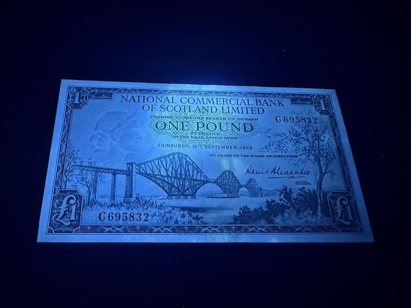 【炜奕收藏】，第五十六期，大不列颠专场 1959年苏格兰国家商业银行1镑，品相如图，号码无47，少见