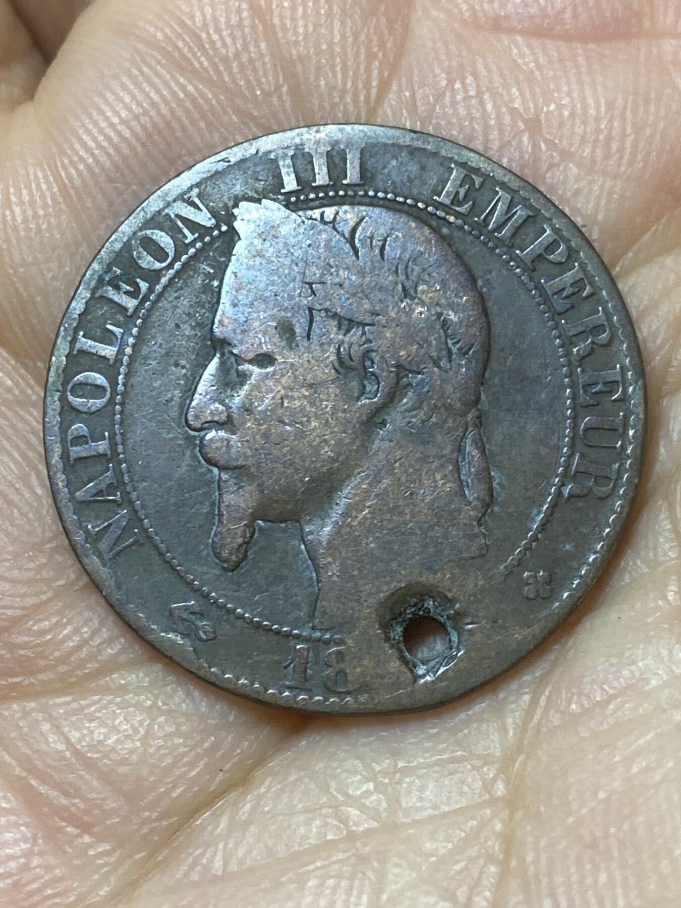 2026年第六场(总第一百七十五场）外国好品散币场(免佣金) 打孔–法兰西第二帝国186X年5生丁(拿破仑三世第二版，BB标斯特拉斯堡造)