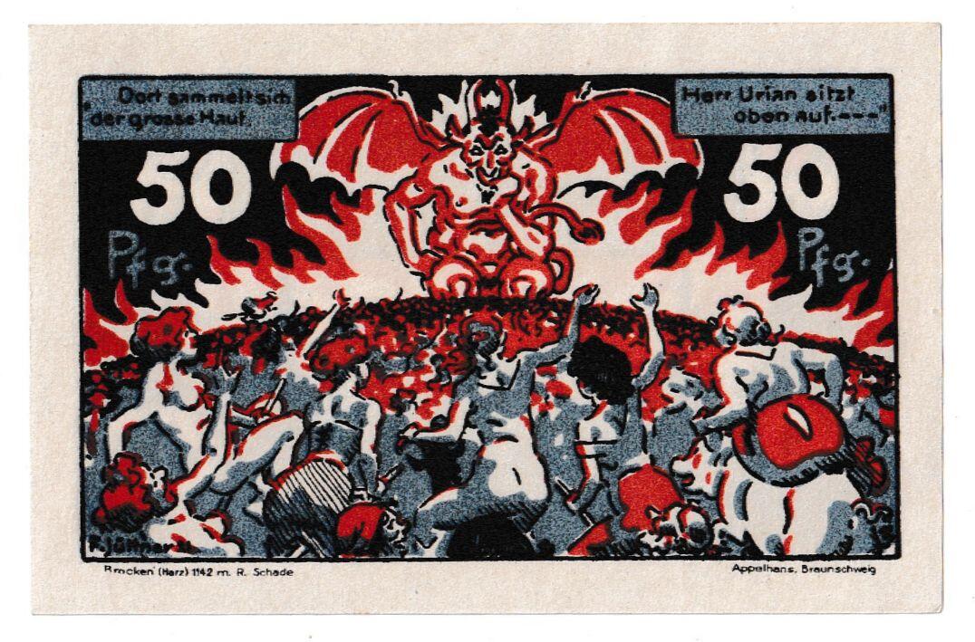 【良泉】【春节前最后一场】2月5日晚19.30点开拍！208组，本场结束后预存钱币的朋友请告知，将连同本场拍品一起邮寄，预祝诸位春节愉快！ 1921年【德国紧急纸币】希尔克市50芬妮“布罗肯”系列，以与布罗肯山和当地民间传说相关的图像为特色，例如魔鬼、扫帚和干草叉。