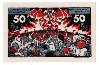 【良泉】【春节前最后一场】2月5日晚19.30点开拍！208组，本场结束后预存钱币的朋友请告知，将连同本场拍品一起邮寄，预祝诸位春节愉快！ - 1921年【德国紧急纸币】希尔克市50芬妮“布罗肯”系列，以与布罗肯山和当地民间传说相关的图像为特色，例如魔鬼、扫帚和干草叉。