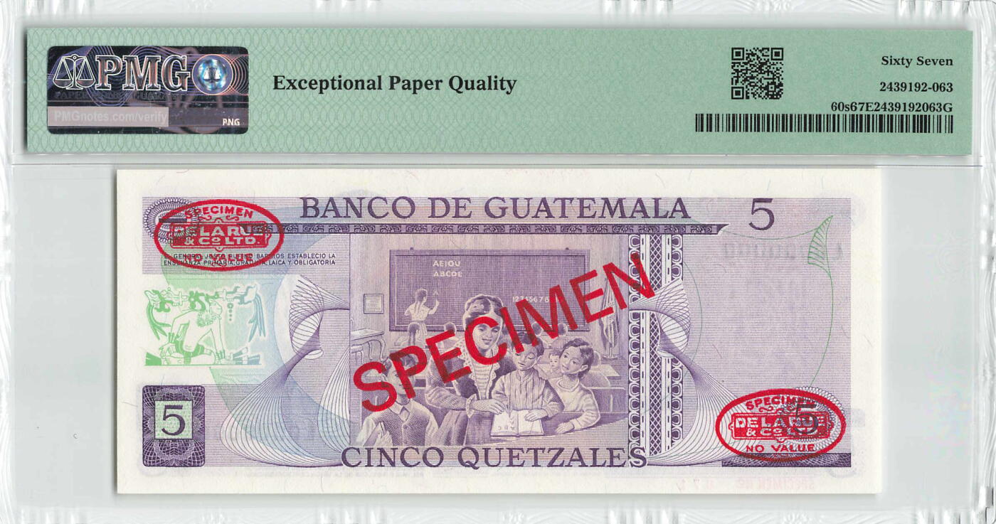 小福收藏拍卖第198期 评级币精选场  本期有菲律宾百位靓号100000比索超大纪念钞 苏里南25000盾花鸟版最高值 柬埔寨珍品56年50瑞尔 南越未发行版最高值打飞机  巴哈马彩背 老挝中国代印57年样钞 匈牙利 斯洛伐克 法罗群岛等多国精美高分珍稀老钞精品纸币 危地马拉 1969-83年 5格查尔 样钞 071号 PMG67 EPQ 冠军分！！！