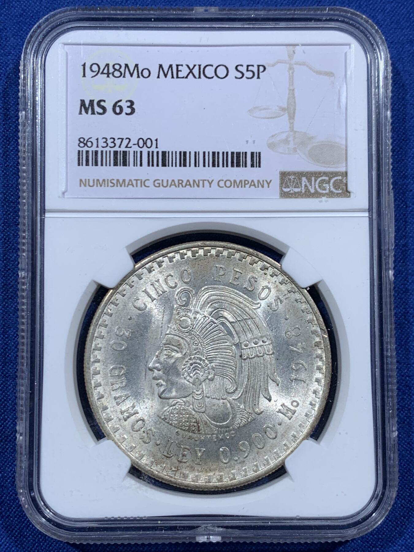 《竞宝斋》第457场 周日，周一，周二   3场连拍 （全场包邮）欢迎送拍 NGC MS63 墨西哥1948年5比索酋长大银币