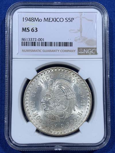 《竞宝斋》第457场 周日，周一，周二   3场连拍 （全场包邮）欢迎送拍 - NGC MS63 墨西哥1948年5比索酋长大银币