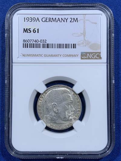 《竞宝斋》第457场 周日，周一，周二   3场连拍 （全场包邮）欢迎送拍 - NGC MS61 德国 1939年 兴登堡A版2马克银币