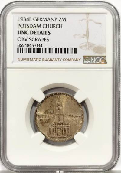 博洋堂世界钱币拍卖第157期（全场包邮） - NGC UNC 德国第三帝国1934年E版加字教堂2马克银币