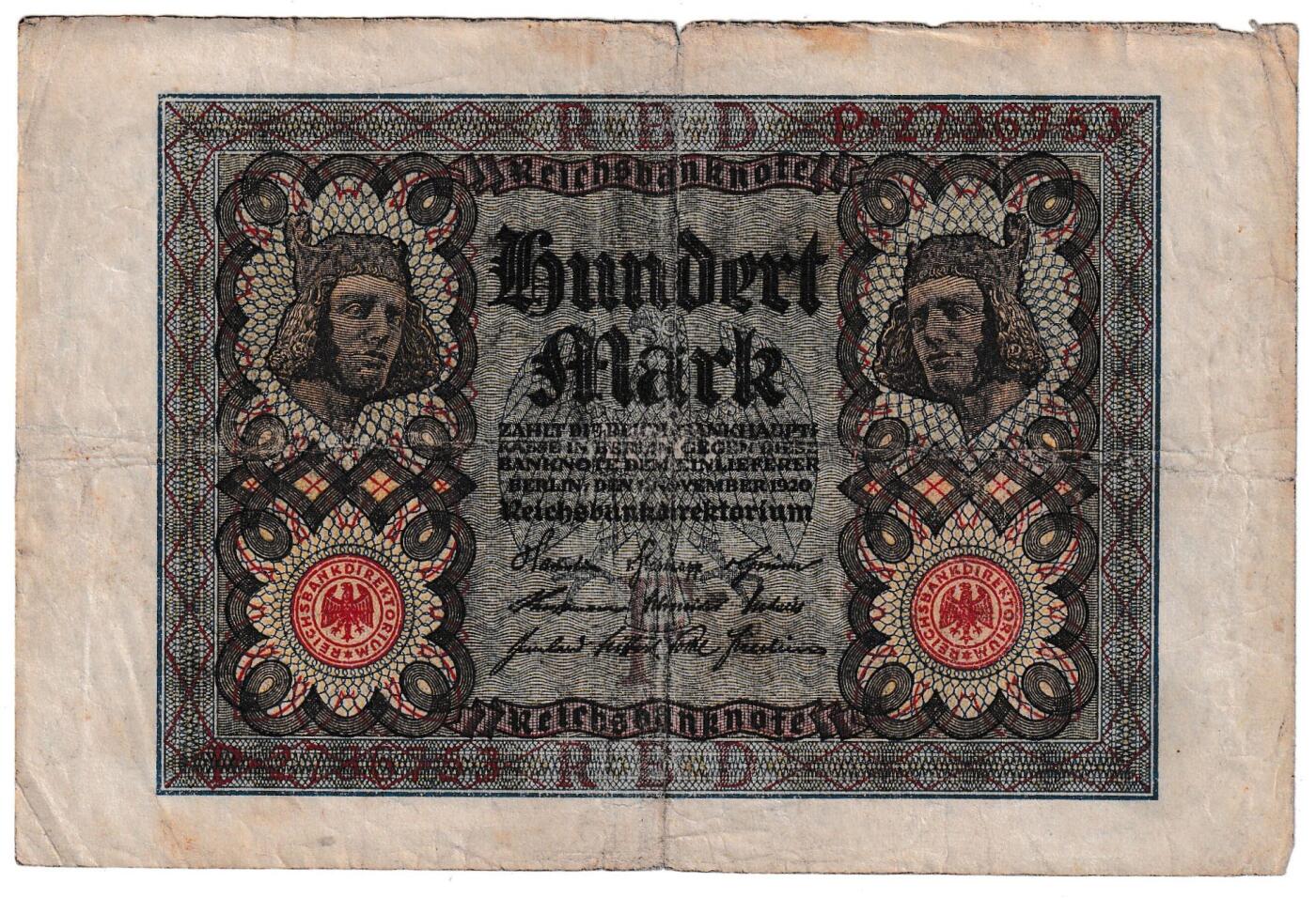 【良泉】【春节前最后一场】2月5日晚19.30点开拍！208组，本场结束后预存钱币的朋友请告知，将连同本场拍品一起邮寄，预祝诸位春节愉快！ 1920年【德国】100马克