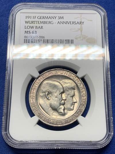 《竞宝斋》第457场 周日，周一，周二   3场连拍 （全场包邮）欢迎送拍 - NGC MS63 德国1911年符腾堡金婚3马克银币
