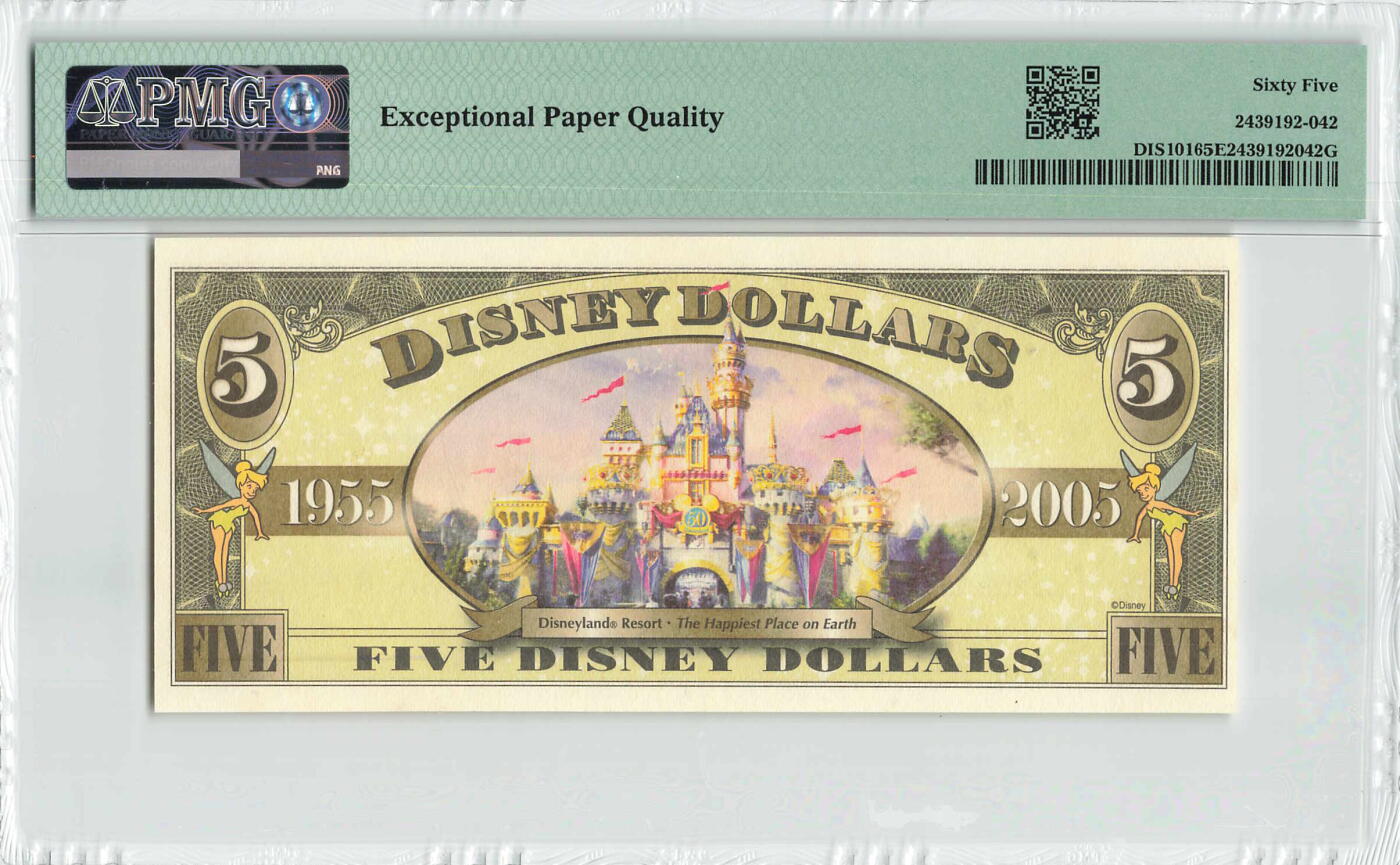 小福收藏拍卖第198期 评级币精选场  本期有菲律宾百位靓号100000比索超大纪念钞 苏里南25000盾花鸟版最高值 柬埔寨珍品56年50瑞尔 南越未发行版最高值打飞机  巴哈马彩背 老挝中国代印57年样钞 匈牙利 斯洛伐克 法罗群岛等多国精美高分珍稀老钞精品纸币 美国 迪斯尼 2005年 5元 A冠 靓号00033389 PMG65 EPQ 季军分