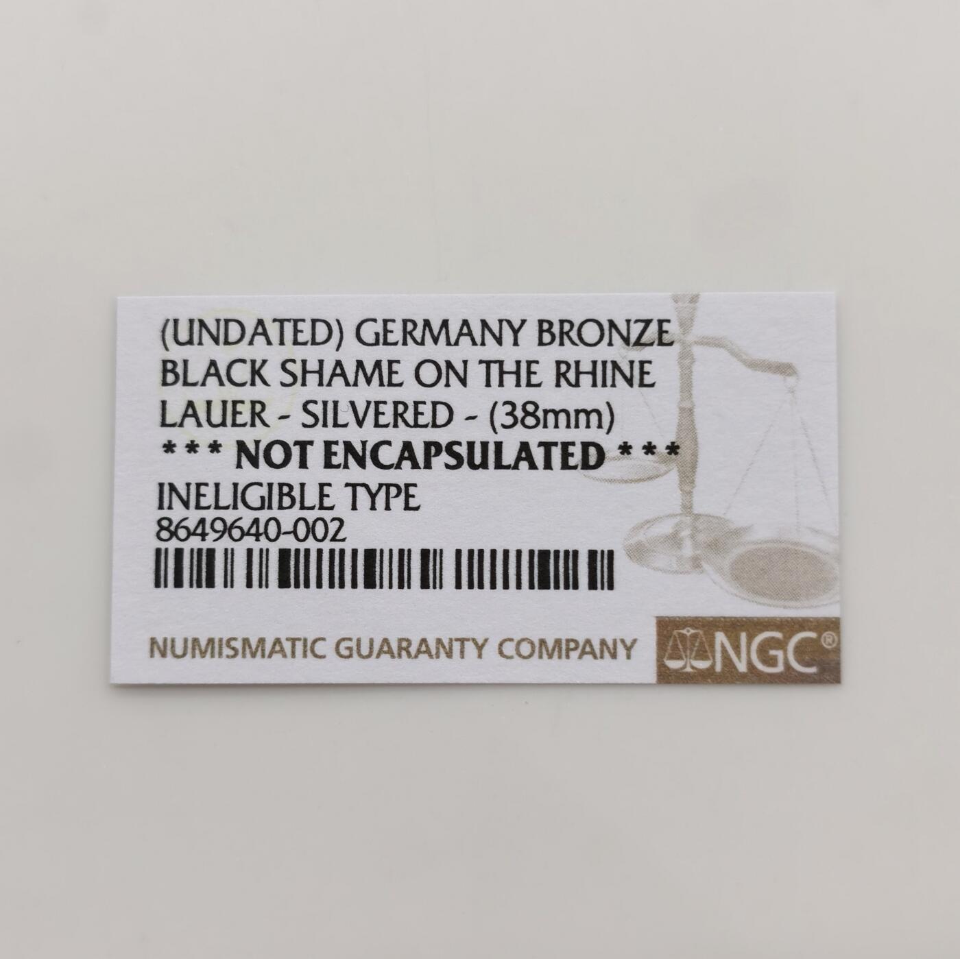 博洋堂世界钱币拍卖第157期（全场包邮） 德国莱茵河黑色耻辱铜镀银章，38mm