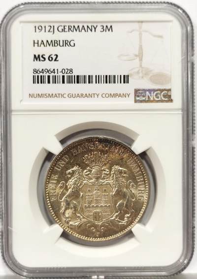 博洋堂世界钱币拍卖第157期（全场包邮） - NGC MS62 德国汉堡1912年3马克银币